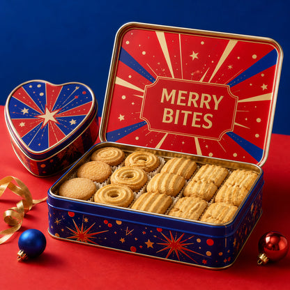 AI-generated concept image of festive custom cookie tins for seasonal gift packaging