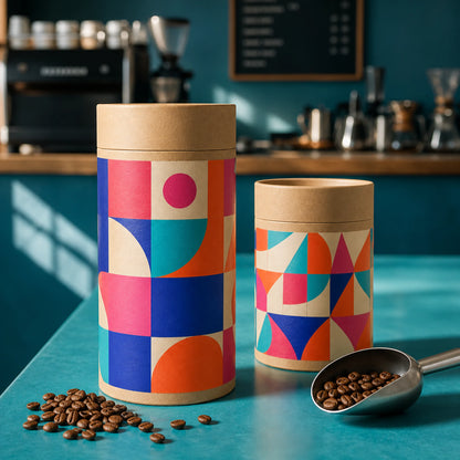 AI-generated concept of custom food paper tubes in a specialty coffee roastery