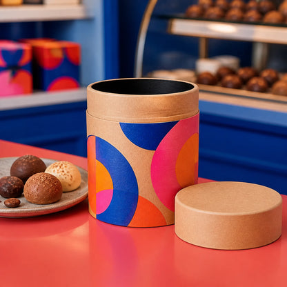 AI-generated concept of an open custom kraft paper tube for confectionery packaging