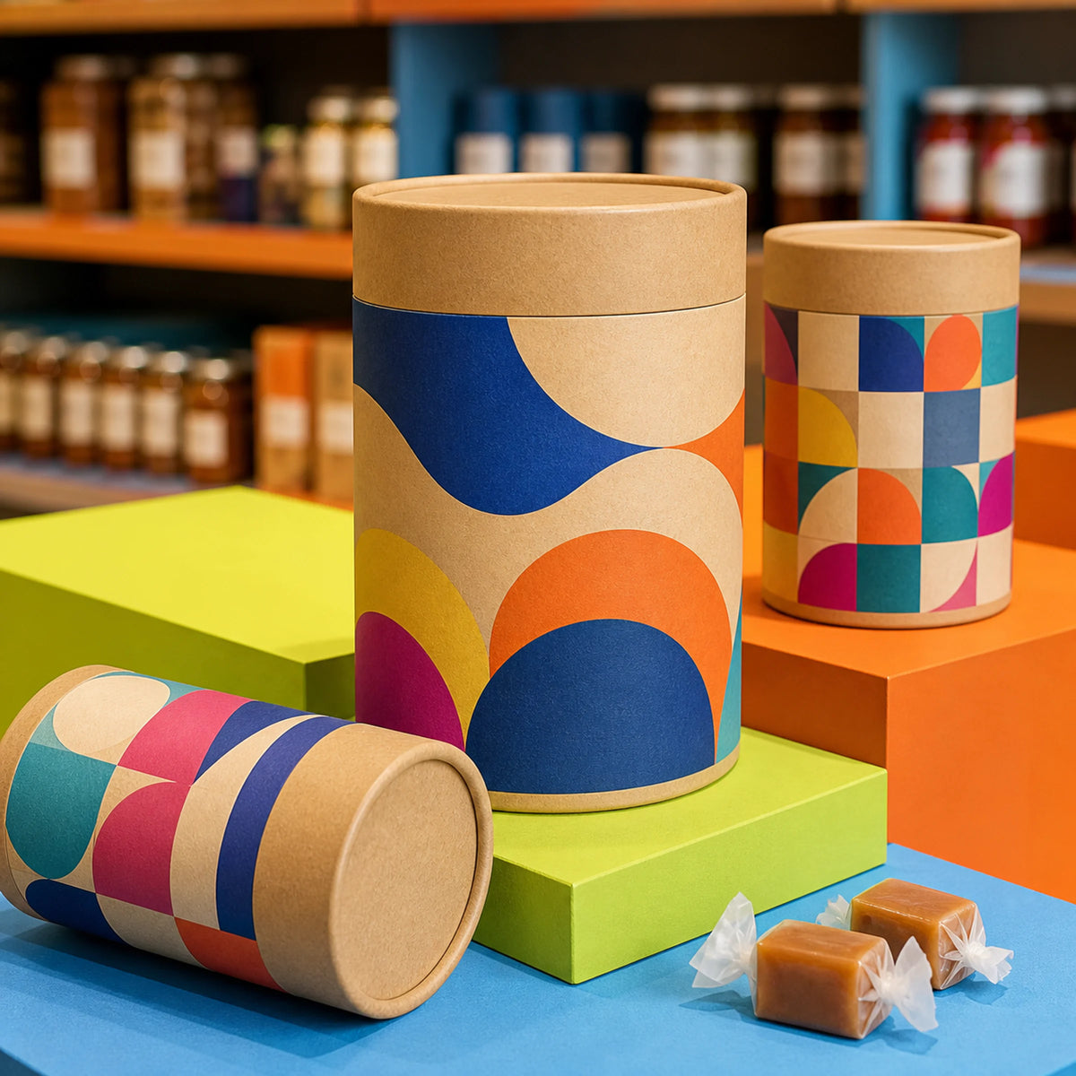 AI-generated concept of colorful custom paper canisters for dry goods retail packaging