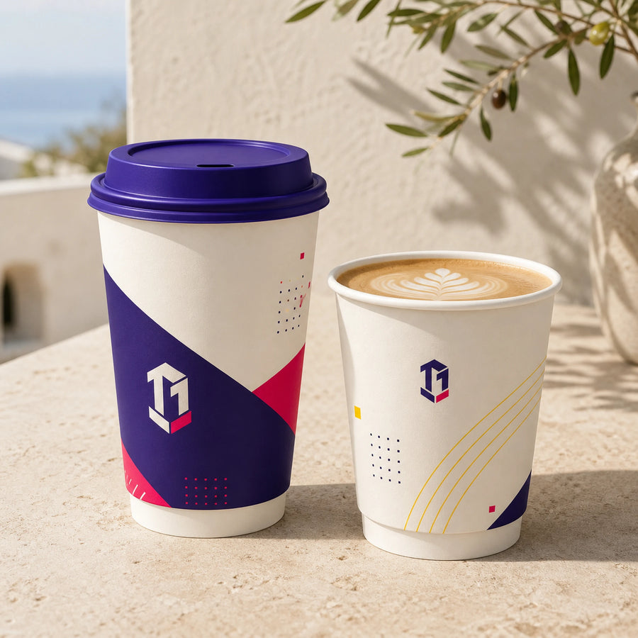 Illustrative mockup of two custom double wall coffee cups on a Mediterranean café table