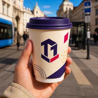 Illustrative mockup of a custom double wall coffee cup held on a city street