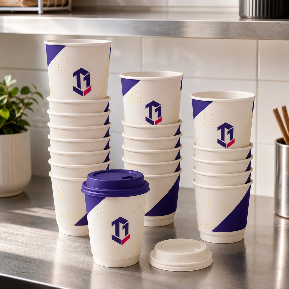 Illustrative mockup of stacked custom double wall coffee cups at a coffee station