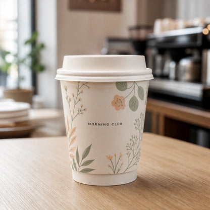 Illustrative mockup of a floral printed double wall coffee cup in a café