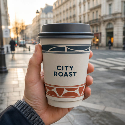 Illustrative mockup of a custom printed double wall coffee cup held in the city