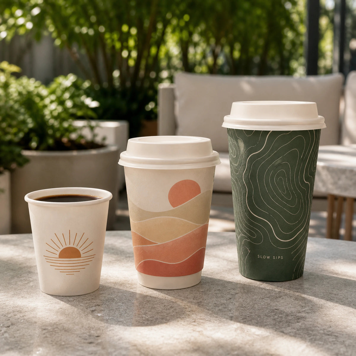 Illustrative mockup of three custom double wall coffee cup sizes on a garden terrace