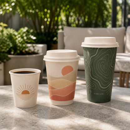 Illustrative mockup of three custom double wall coffee cup sizes on a garden terrace