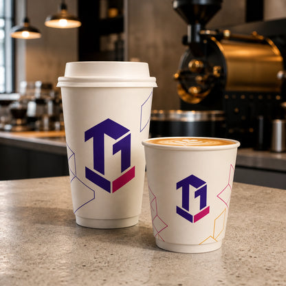 Illustrative mockup of custom double wall coffee cups in a coffee roastery
