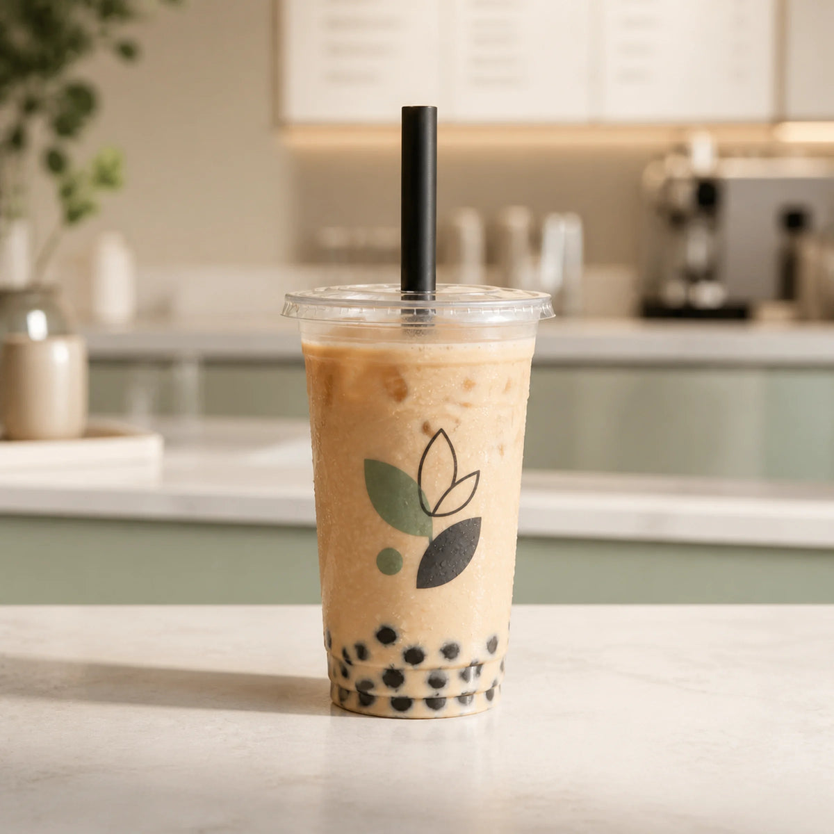 AI-generated mockup of a printed clear PET cup with bubble tea and straw lid