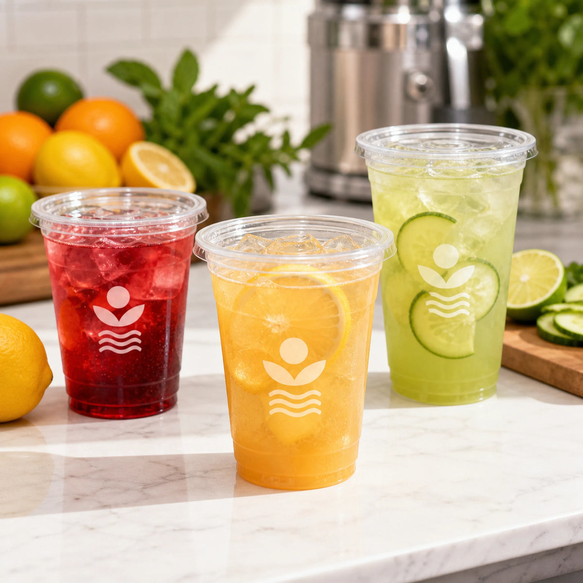 AI-generated mockup of three custom clear PET cups with colorful cold drinks