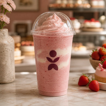 AI-generated mockup of a custom clear PET cup with strawberry smoothie and dome lid